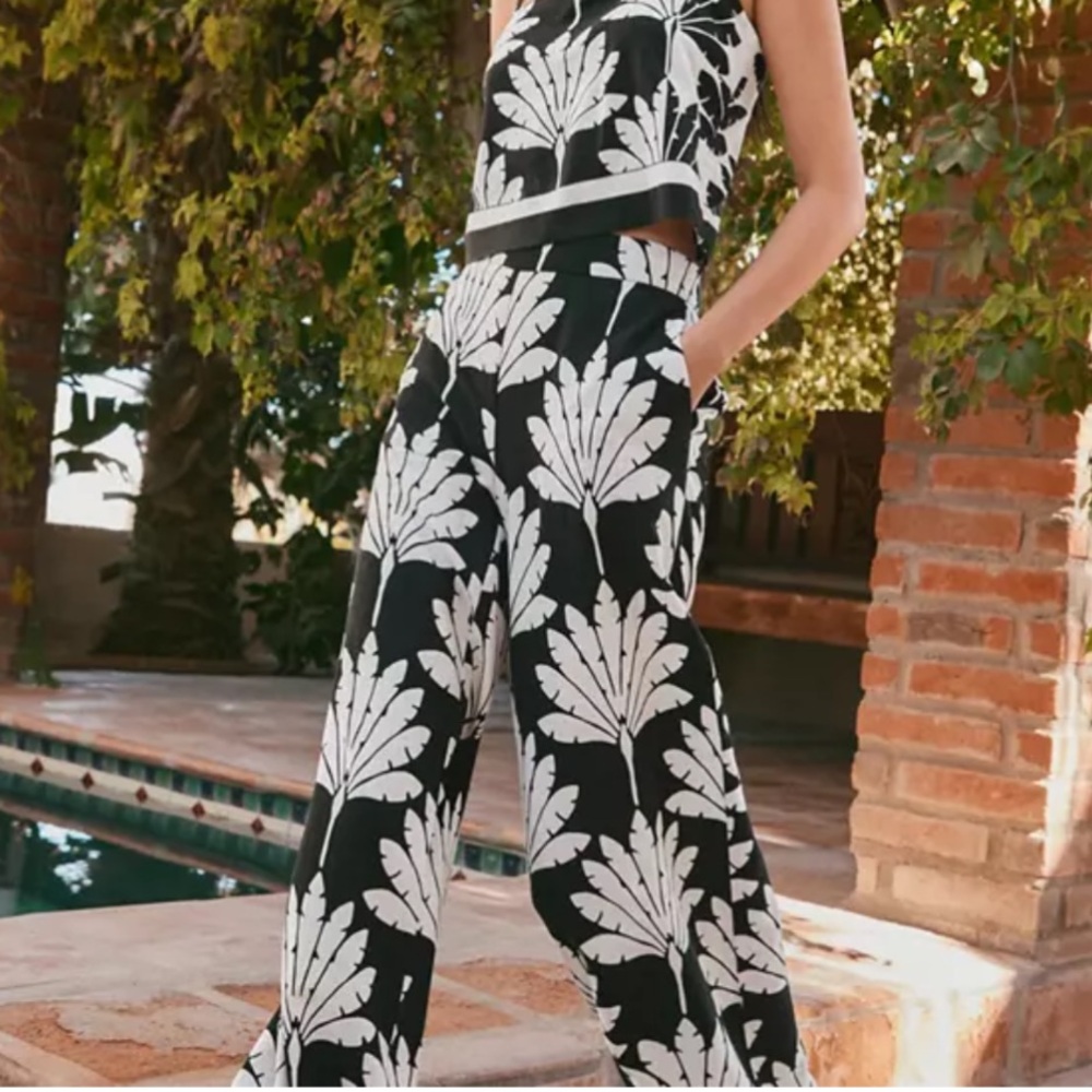 LOFT Women's Palm Print Linen Wide-Leg Pants - Size M